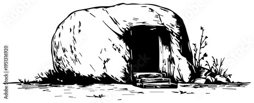 Ancient stone tomb entrance with rolled stone doorway and sunrise symbolizing resurrection and new beginnings minimalist line art