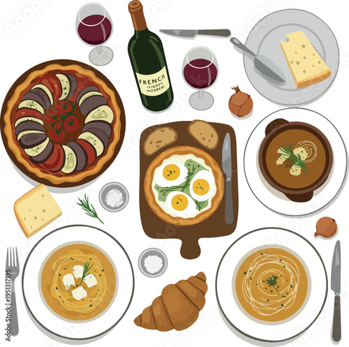 Pixel Art French Dinner Meal Featuring Ratatouille Soup Croissant Wine