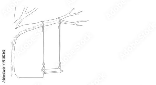 Simple line drawing of a tree branch and swing against a white backdrop