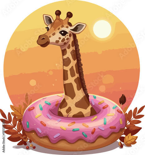 Pixel Art Giraffe Head Pink Donut Autumn Leaves Sunset Warm Colors