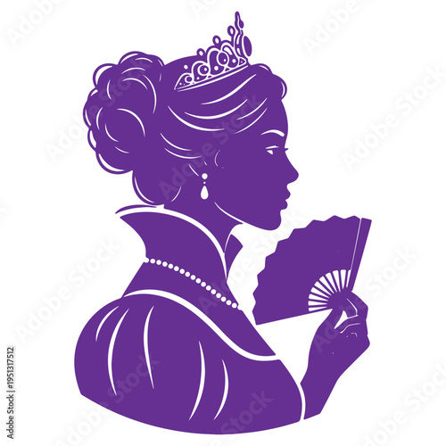 Womanwearingcrownandholdingfaninhandsisolatedontransparentbackground