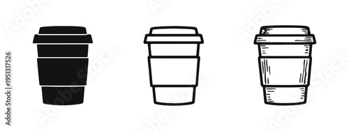 Reusable coffee cup icon set. Eco-friendly takeaway drink symbol in various styles.
