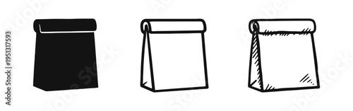 Paper shopping bag icon set. Retail and packaging symbol in various styles.
