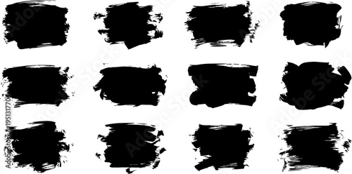 A collection of 12 black ink brush strokes on a white background