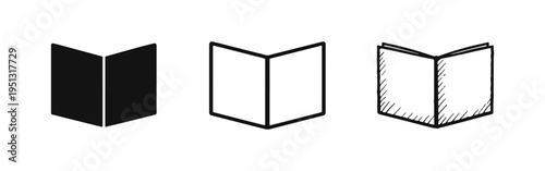 Open book icon set. Education, reading, or menu symbol in various styles.