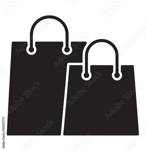 Two black silhouette icons of shopping bags, symbolizing retail, commerce, and consumer purchasing.