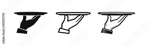 Hand holding tray icon set. Service, waiter, or serving symbol in various styles.