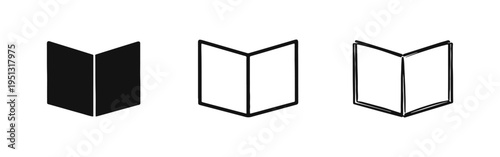 Open book or menu icon set. Reading and information symbol in various styles.