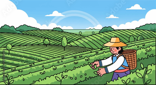 Man in hat harvesting tea leaves in lush green tea plantation field with rainbow under blue sky