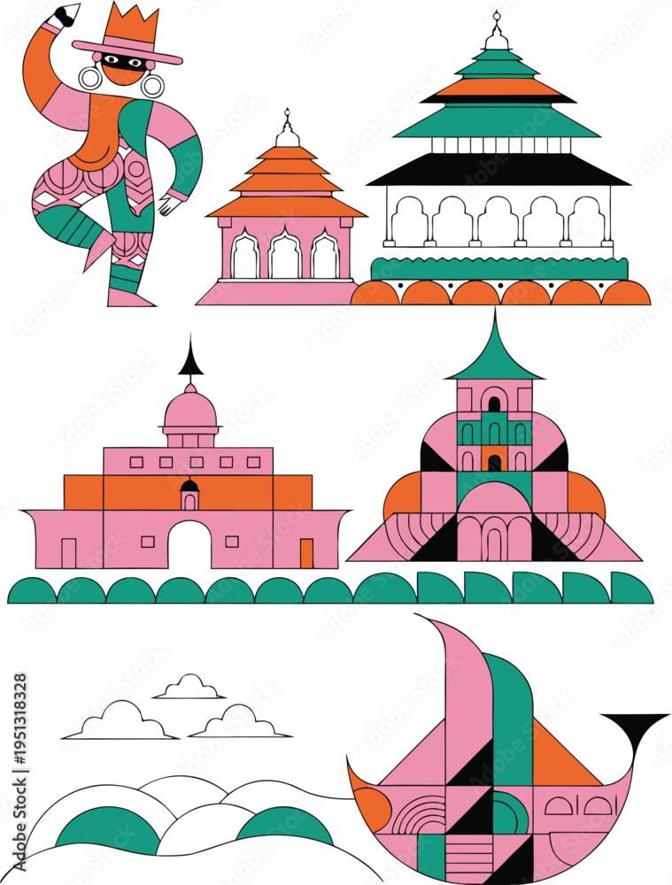 Fototapeta premium Geometric Cultural Illustration – Temples and Traditional Motifs