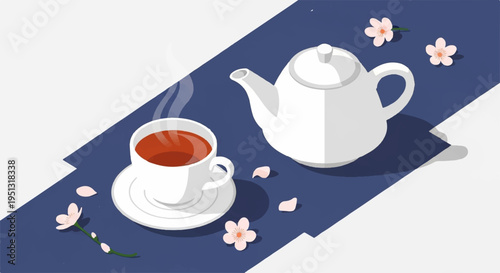 Steaming cup of tea and teapot on a blue background with cherry blossoms symbolizing relaxation and tranquility in a serene setting