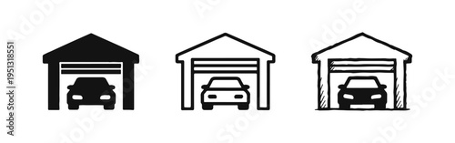 Garage with car parking icon set in solid, outline, and sketch styles