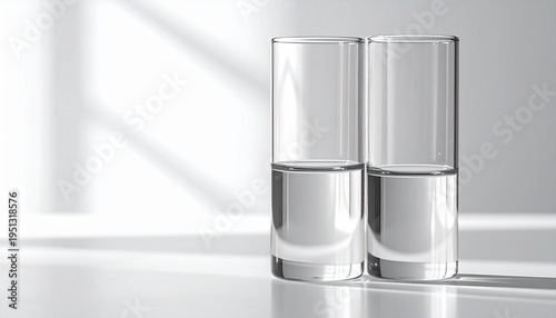 Minimalist composition of two half-filled water glasses, symbolizing clarity, balance, and essential refreshment, bathed in serene natural light