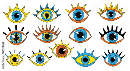 Collection of Stylized Evil Eye Symbols - Protection, Amulets, Turkish Eye