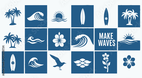 Foto A collection of ocean inspired icons and symbols arranged in a grid pattern with