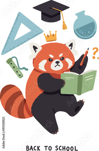 Pixel Art Red Panda with Crown Reading Book Back to School