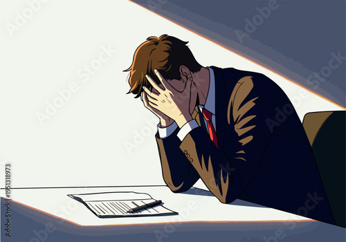 Pixel Art Sad Businessman In Suit Holding Head In Office