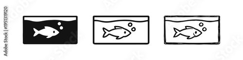 Fish tank and aquarium icon set. Hand-drawn doodle style fish with bubbles in a rectangular glass container symbol.