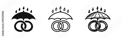 Marriage protection and relationship security icon set. Hand-drawn umbrella with raindrops over wedding rings symbol.
