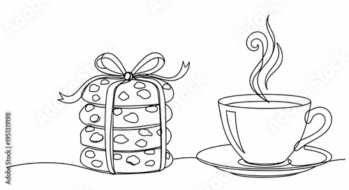 A steaming cup of coffee on a saucer next to a wrapped stack of sweet pastries on a table