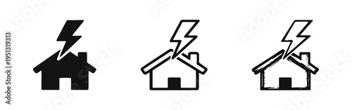 Lightning strike on house icon set. Hand-drawn doodle style symbol for home damage from thunderstorm or natural disaster.
