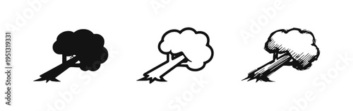 Fallen tree and storm damage icon set. Hand-drawn doodle style snapped tree trunk symbol for natural disaster.