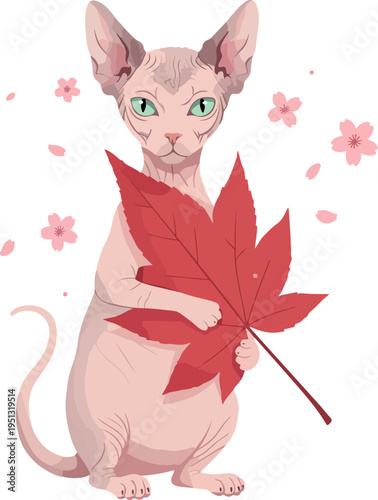 Pixel Art Sphynx Cat Holding Red Maple Leaf Pink Cherry Blossoms