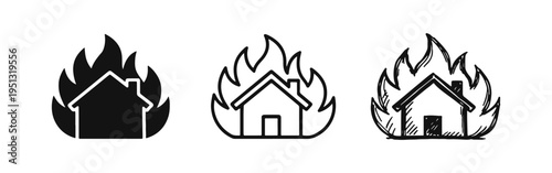 House on fire and building insurance icon set. Hand-drawn doodle style symbol for property damage or emergency.