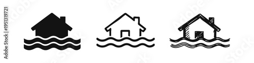 House flood and water damage icon set. Hand-drawn doodle style symbol for home property affected by natural disaster.