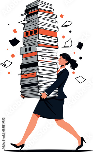Woman In Suit Carrying Huge Stack of Documents Over White Background