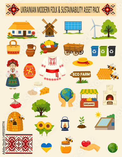 flat set inspired by Ukrainian folk culture and sustainable living the collection features vector illustration isolated on background