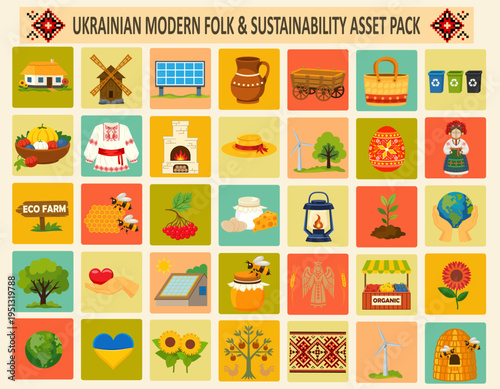 flat set inspired by Ukrainian folk culture and sustainable living the collection features vector illustration isolated on background