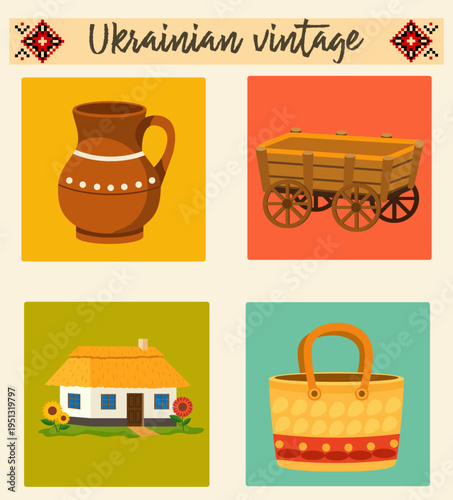 flat set inspired by Ukrainian folk culture and sustainable living the collection features vector illustration isolated on background