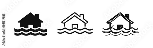 House flood icon set. Home submerged in water symbol in solid, outline, and doodle styles.