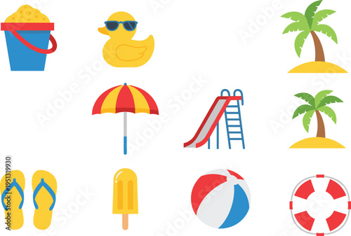 Summer beach icons set including umbrella, flip flops, ice cream, sand bucket, palm tree, slide, lifebuoy and ball, colorful flat design vector illustration