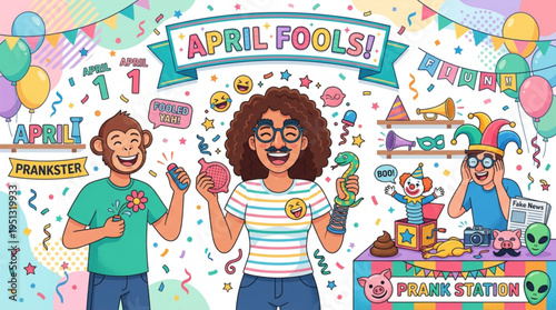 April fools' day celebration with pranksters and humorous decorations