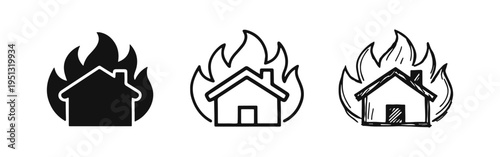 Burning house icon set. Home in flames symbol in solid, outline, and hand-drawn styles.