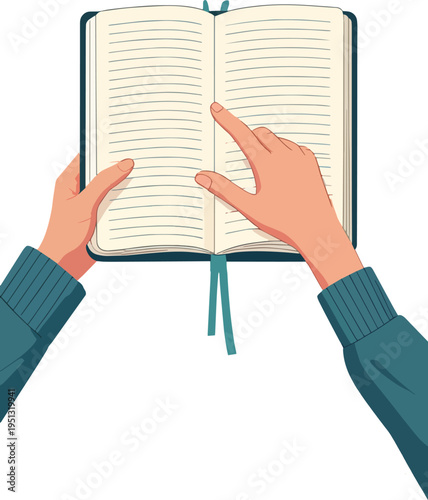 Illustrazione vettoriale di mani che aprono un libro. Concetto di lettura, conoscenza, studio, apprendimento e scoperta, ideale per educazione, cultura e contenuti editoriali.