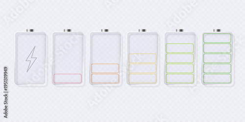Collection of transparent glass battery charging icons or charge indicators in various colors with varying charge levels, isolated on a light background. Vector 3D illustration.