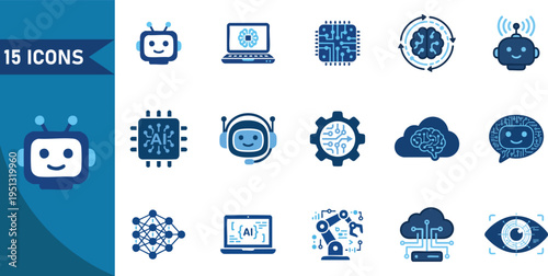 Set of fifteen artificial intelligence flat vector icons featuring robots brains chips and neural networks in shades of blue for modern technology digital design