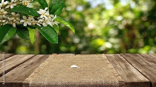 Rustic wooden table with burlap runner and white flowers against a blurred