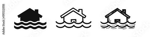 Flooded house icon set. Home submerged in water symbol in solid, outline, and doodle styles.