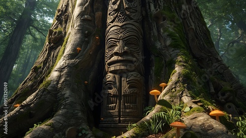 Detailed Totem Pole Carving in Living Forest Tree with Glowing Mushrooms