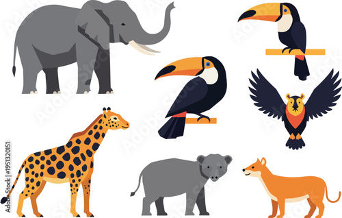 Pixel Art Zoo Animals Flat Design Toucans Elephant Giraffe Owl Dingo