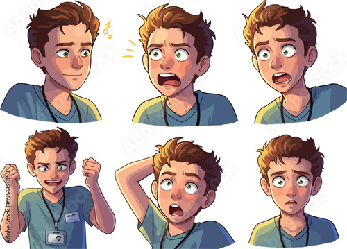 Pixel Art Young Man Expressions Teal Shirt Badge Lanyard Isolated