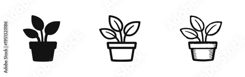 Potted plant icon set. Houseplant in a pot symbol in solid, outline, and doodle styles.