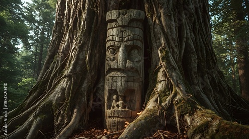 Ancient Totem Carving with Small Figures in Hollow Tree