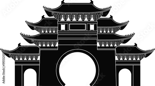 Traditional Asian Temple Gate Silhouette Vector Illustration, Ancient Pagoda Arch Architecture Design, Black Oriental Landmark Icon Isolated on White Background for Travel Concept