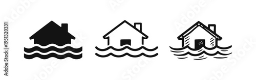 House flood icon set. Residential building submerged in water symbol in solid, outline, and hand-drawn styles.