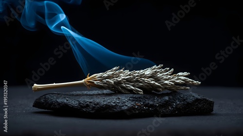 Burning white sage smudge stick with blue smoke on black stone, zen and aromatherapy concept